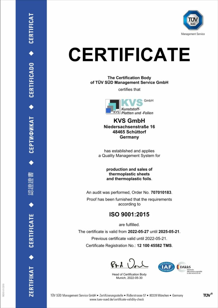 Certificate ISO 9001:2015 issued by TÜV SÜD Management Service GmbH